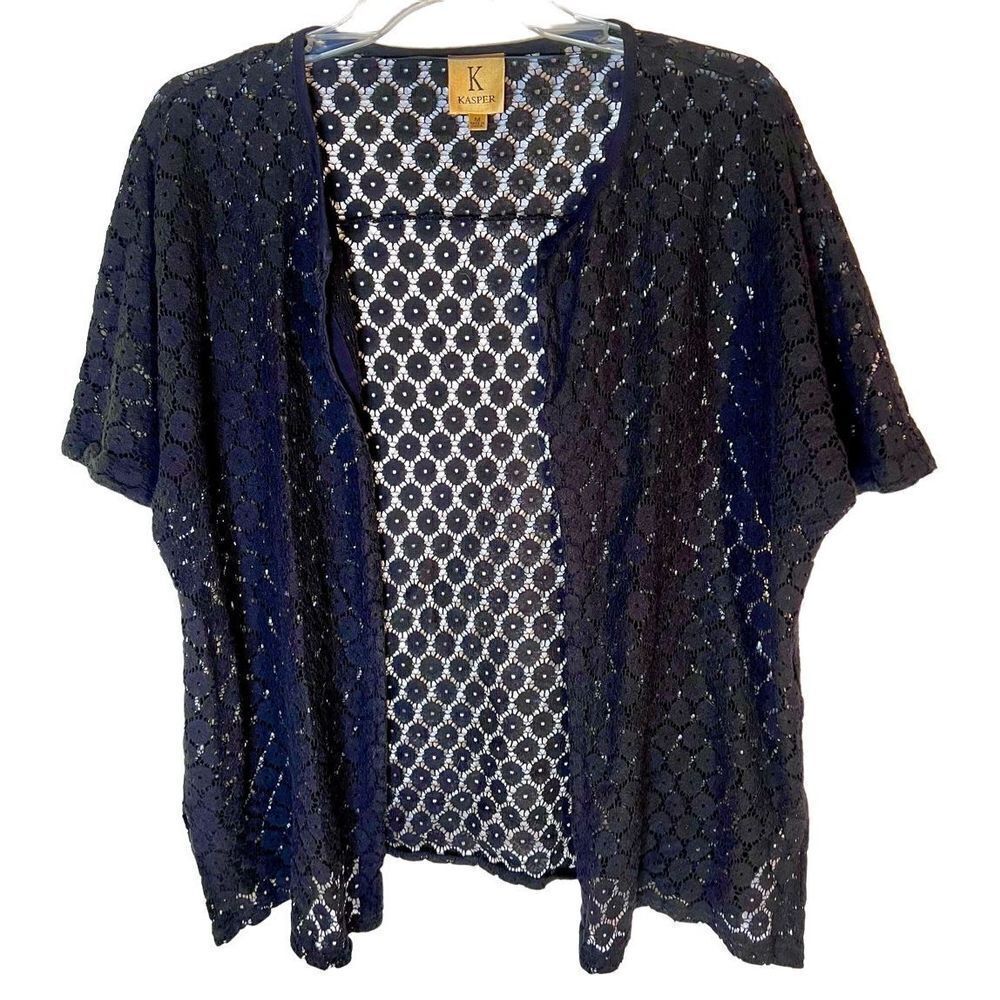 KASPER Woman’s Eyelet Open Black Cardigan Short Sleeve Sz M Actress Worn on TV S